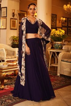 Deep purple cape with floral and geometric hand embroidered. Comes with embroidered neckline blouse and attached cancan lehenga. - Aza Fashions Cape Lehenga, Cancan Lehenga, Purple Cape, Lehenga Pattern, Embroidered Neckline, Draped Fabric, Set For Women, Floral Blouse, Aza Fashion