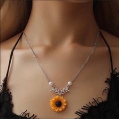 Sunflower Trendy Necklace Material: Zinc Alloy 21”Long 2 “Extension Trendy Summer Jewelry With Flower Decoration, Trendy Summer Flower Decorated Jewelry, Summer Flower Charm Necklaces, Summer Flower Pendant Necklace Gift, Yellow Flower Necklace For Summer, Summer Yellow Flower Necklaces, Summer Yellow Flower Necklace, Summer Flower Pendant Necklace With Flower Charm, Trendy Flower Necklace As A Gift