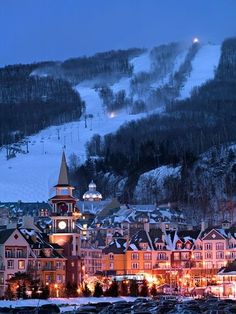 a town is lit up at night in the mountains with snow on the ground and trees