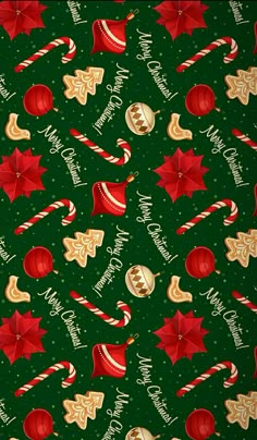 a green background with christmas decorations and candy canes