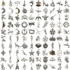 many different types of earrings are shown on a white background, including one with an owl and