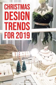 the cover of christmas design trend for 2019 is displayed in front of mannequins and jewelry