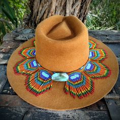 This Is A Very Unique Piece, All The Decorations Are Hand Made Beaded Peacock Feathers , The Decorations Go All Around The Hat. The Hat Is Made With Bolivian Wool And The Decorations Are Czech Glass Beads So Unique And Beautiful. Beaded Hats, Beaded Peacock, Beaded Hat Bands, Clothing Design Ideas, Native Earrings, Beading Design, Hat Bands, Beaded Hat, Cowgirl Hats