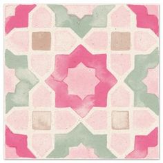 a pink, green and white rug with an abstract design on the bottom half of it