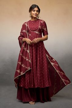 Maroon side tie-up anarkali with floral vine pattern on the bodice, elevated with miniature small floral buttis on the flare. Paired with a palazzo and dupatta with floral vine pattern. - Aza Fashions Maroon Anarkali, Vine Pattern, Palazzo Set, Floral Vine, Set For Women, Anarkali, Aza Fashion, Half Sleeves, Vines