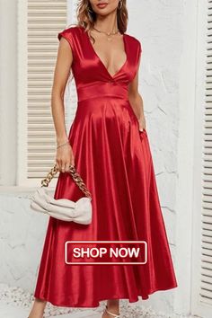 Women's Solid Color V-neck Short Sleeve Swing Maxi Dress Red V-neck Maxi Dress, Summer Satin Maxi Dress With V-neck, Summer Satin V-neck Maxi Dress, Summer Satin V-neck Dress, Spring Evening V-neck Dress, Solid V-neck Evening Maxi Dress, Solid Color V-neck Midi Dress For Party, Solid Color Satin Maxi Dress With V-neck, Solid Satin V-neck Maxi Dress