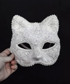 This White Lace Cat Venetian Mask Mardi Gras Carnival Masquerade Costume Ball Bridal Wedding Lent Party is tender, modest and playful at the same time! It is a paper mache mask covered in white lace, transparent sequins, artificial pearls of different sizes, pearly rhinestones and various trim. The sizing would fit an adult or a child, the mask is wide - but please keep in mind that the mannequin in the pictures has a rather narrow face.  The inside of the mask is white and the elastic in the ba Masquarede Ball Masks, Masquerade Ball Costume, Cat Masquerade Mask, Narrow Face, Carnival Masquerade, Ball Costume, Masquerade Outfit, Mask Carnival, The Mask Costume