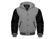 Product Description: Experience unmatched style and comfort with our **Premium Varsity Hoodie Jacket designed for both men and women. Crafted with a luxurious combination of **genuine leather sleeves** and a **premium wool body this jacket offers warmth, durability, and a timeless varsity look.  Perfect for casual outings or layering in cooler weather, the jacket features: - **High-quality polyester lining** for superior warmth and comfort. - **Button-closure front** for a classic, sleek design. College Fleece Outerwear With Drawstring Hood, Fleece Outerwear With Drawstring Hood For College, Hooded Fleece Outerwear For Sports Events, Hooded Fleece Outerwear For College, Fleece Hoodie For College, College Fleece Hoodie Outerwear, College Hooded Fleece Outerwear, Black Varsity Hooded Jacket With Long Sleeves, Hooded Fleece Varsity Jacket For Streetwear