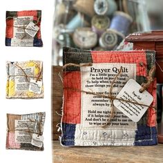 four different types of prayer quilts on a wooden table next to some thread and other items