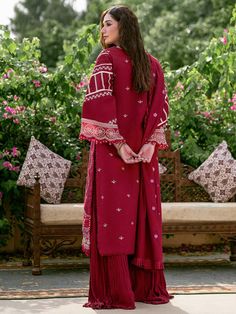 Cherry Red Embroidered Pakistani Crushed Sharara kameez with Dupatta is the ultimate Pakistani party dress for those who desire both luxury and elegance. Made from Premium Chiffon Fabric, this stunning masterpiece is sure to capture your heart with its breathtaking charm and exquisite design. Embroidered Kameez: This Pakistani Party Dress comes with Hand-Crafted Embroidery and Intricate details, this Pakistani dress is a true epitome of beauty and grace. Every stitch is carefully placed to creat Red Embroidered Palazzo Set For Eid, Designer Red Dabka Palazzo Set, Red Palazzo Set With Chikankari Embroidery And Straight Kurta, Red Chikankari Embroidery Sharara For Designer Wear, Red Anarkali Palazzo Set With Dabka Detailing, Designer Red Palazzo Set With Intricate Embroidery, Traditional Red Palazzo Set With Chikankari Embroidery, Designer Red Embroidered Palazzo Set, Red Long Sleeve Palazzo Set With Dabka Details