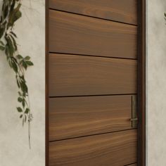 a close up of a wooden door with plants growing on the wall next to it