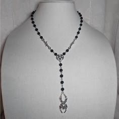 Black Beaded Rosary Necklace With Barbed Wire, Pentagram & Spider Charm Made With Black Glass Beads, Silver Wire,Barbed Wire Charms, Pentagram, Large Spider Charm & A Lobster Clasp With 1.5" Extension Chain. Measures About 18" Long. Rosary Style Beaded Necklace, Silver Gothic Necklace With Black Beads, Gothic Silver Necklace With Black Beads, Nickel-free Black Beaded Necklaces With Round Beads, Black Metal Beads For Jewelry Making, Nickel Free Black Beaded Necklaces, Gothic Silver Jewelry With Round Beads, Gothic Silver Jewelry With Black Beads, Silver Gothic Jewelry With Round Beads