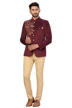 Product Features: Top Color: Wine Bottom Color: Beige Work: Embroidery Top Fabric: Sweat Velvet Bottom Fabric: Teri Cort Pack Of: 1 Jodhpuri and 1 Pant Occasion: Partywear Disclaimer: There will be slight difference in digital to actual image Festive Designer Sherwani With Floral Embroidery, Diwali Nehru Jacket With Resham Embroidery For Reception, Bandhgala With Resham Embroidery For Diwali Reception, Festive Semi-stitched Bandhgala With Chikankari Embroidery, Long Sleeve Kurta With Dori Work For Reception, Festive Bandhgala With Resham Embroidery For Reception, Designer Festive Sets With Chikankari Embroidery, Floral Embroidered Bandhgala For Festivals, Floral Embroidered Nehru Jacket For Reception And Festivals