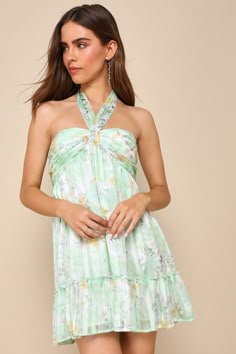 Radiantly Sweet Light Green and White Floral Halter Mini Dress Feminine Silk Chiffon Summer Dress, Green Flowy Mini Dress For Garden Party, Green Silk Halter Neck Dress, Flowy Green Mini Dress For Garden Party, Chiffon Halter Neck Mini Dress For Vacation, Silk Halter Neck Dress For Garden Party, Summer Chiffon Mini Dress For Garden Party, Green Bohemian Chiffon Dress With Floral Print, Green Bohemian Floral Print Chiffon Dress