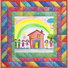 a drawing of children standing in front of a house with a rainbow painted on it