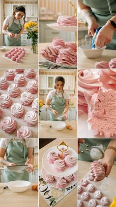 a woman is decorating pink cupcakes with icing and flowers on them