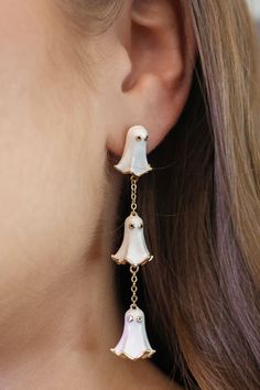 Dress up your ghostly look with these ghoul friend ghost earrings! Hang these fearsome dangles from your ears for a spooky (but stylish) touch. Perfect for Halloween parties or everyday wear. Don't be afraid to make a statement with these ghostly accessories! Length: 2.5" All Accessories Are Final Sale Ghost Earring, Summer Basics, Ghost Earrings, Exclusive Clothing, Jumpsuit Shorts Rompers, Accessories Shop, Sneakers For Sale, Earring Necklace, Necklaces Bracelets