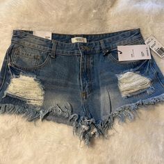 Forever 21 Jean Shorts, Size 30. Blue Jeans, Distressed. A6 Studded Denim, Forever 21 Jeans, Tie Shorts, Denim Patches, Distressed Jean Shorts, Cut Off Jeans, Embroidered Shorts, Jeans Distressed, High Waisted Shorts Denim