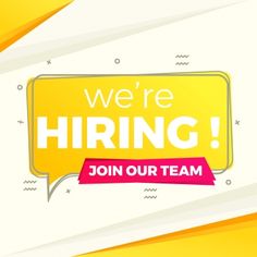 we're hiring join our team sign on yellow and white background with pink ribbon