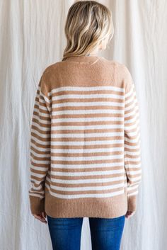 Striped print knit cardigan with solid contrast hems, long sleeves, and front pockets. Small: 2/4 Medium: 6/8 Large: 10/12 Downtown Raleigh, Women's Boutique, Drive In, Stripe Print, Knit Cardigan, North Carolina, Camel, Long Sleeves, Knitting