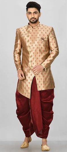 Gold color Dhoti Kurta in Jacquard fabric with Broches, Weaving work Ceremonial Sherwani With Zari Weaving, Traditional Bandhgala With Zari Weaving For Wedding, Formal Sherwani With Zari Weaving In Traditional Drape, Elegant Sherwani With Zari Weaving For Wedding, Elegant Wedding Bandhgala With Zari Weaving, Wedding Bandhgala With Zari Weaving For Eid, Eid Wedding Bandhgala With Zari Weaving, Wedding Bandhgala With Zari Weaving For Diwali, Gold Art Silk Sherwani With Traditional Drape