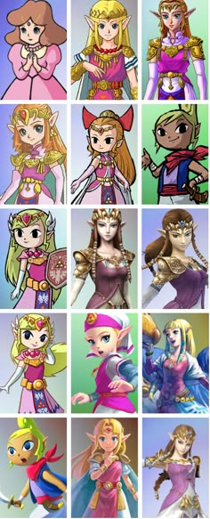 some cartoon characters with different outfits and hair styles, all in different colors or shapes