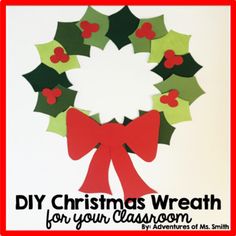 a christmas wreath made out of paper with red bows and holly leaves on it, sitting in front of a white background