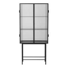 a black cabinet with glass doors on the front and bottom, against a white background