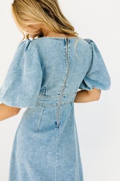 the search for the perfect denim midi dress is over. this puff sleeve denim dress has a sleek a-line silhouette + a sultry v-neckline, so it’s guaranteed to make your body look bomb. easy to dress up + down, it’s a dress you can (+ should) wear again + again, season after season. denim // midi length, deep v-neckline, puff sleeves, elastic cuffs, back zipper closure, seam detailing model is 5'8" + wearing a small measurements are approximate + taken while laying flat xsmall : bust 30” length 45” Denim Midi Dress, Perfect Denim, Senior Pics, The Search, Puff Sleeves, Midi Length, Denim Dress, Dress Skirt, Puff Sleeve