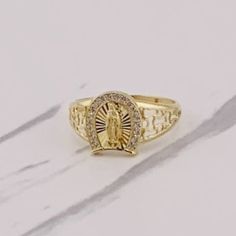 10k Gold Ring Virgin Mary - Our Lady Of Guadalupe Yellow Gold Authentic With White Cubic Zirconia Size 8.5 Fine Jewelry Check Out My Other Jewelry ************ Anillo De La Virgen Mara - Nuestra Seora De Guadalupe De 10 Kilates Oro Slido Tamao 8.5 Anillo Para Mujer Joyeria Fina Oro Dorado Autentico Anillo La Virgen De Guadalupe En Herradura Stock #081612 Gold Virgin Mary Ring, Gold Quince Ring, Angel Ring, 10k Gold Ring, Our Lady Of Guadalupe, Lady Of Guadalupe, Guardian Angel, Christmas Wishlist, Our Lady