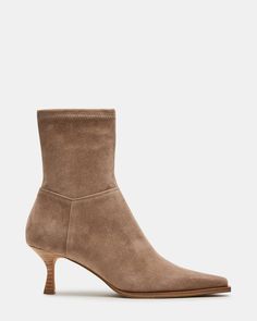 STASIA Taupe Suede Kitten Heel Ankle Bootie | Women's Booties Brown Pointed Toe Boots, Fall Fitted Kitten Heels With Sculpted Heel, Fall Medium Width High Heel Kitten Heels, Beige Suede Boots Outfit, Suede Boots Outfit, Beige Suede Boots, Taupe Ankle Boots, Taupe Shoes, Kitten Heel Ankle Boots