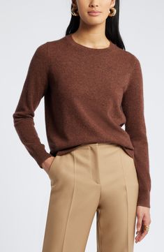 Every closet craves this classic cashmere sweater full of warmth and polish. 24 1/2" length (size Medium) Crewneck Long sleeves 100% cashmere Dry clean Imported Brown Fine Knit Cashmere Sweater, Elegant Brown Crew Neck Sweater, Classic Brown Cashmere Top, Classic Cashmere Tops For Fall, Soft Autumn Color Palette, Holiday Sweaters, Brown Brick, Cinnamon Brown, Oversized Turtleneck Sweater