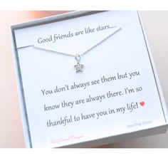 Best Friend Jewelry, Jewelry gift for her, Best friend necklace, Long Distance, Friends Forever, Friendship Quotes, Star necklace silver This necklace is made from .925 sterling silver and tiny cubic zirconia stones. The perfect gift to show your friend how much she means to you even when you can't be together. A dainty little necklace great for wearing alone or layering with other pieces.  J E W E L R Y ∙ D E T A I L S * MATERIAL: Sterling Silver * PENDANT MEASUREMENTS: 8 mm  * CHAIN LENGTH: 16 Silver Star Charm Necklace For Anniversary, Silver Star Charm Necklaces For Anniversary, Inspirational Silver Jewelry For Best Friend Gift, Inspirational Silver Necklace Gift Idea, Inspirational Silver Necklace Gift, Silver Charm Necklaces For Gifting, Silver Meaningful Jewelry For Best Friend, Silver Necklace With Hallmark For Best Friend Gift, Mother's Day Silver Necklace For Best Friend