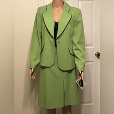 Women 2-Pc Suit, Blazer & Skirt Trimmed In Navy Blue. Come With Suit Bag.] Classic Fitted Green Skirt Suit, Classic Green Fitted Skirt Suit, Fitted Green Skirt With Buttons, Classic Spring Skirt Suit With Buttons, Tailored Green Skirt Suit For Office, Green Tailored Skirt Suit For Office, Fitted Green Skirt With Button Closure, Classic Green Skirt Suit For Work, Women Skirt Suit