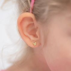 These timeless and classic clear cubic zirconia butterfly screw back earrings are perfect for babies to toddlers. Crafted of 14k yellow gold, a precious material that is suitable for children with sensitive skin. These round cubic zirconia butterfly earrings will make your sweet little girl look gorgeous all day and night. The safety screw backs make these earrings comfortable and suitable for toddlers on the move. Beautiful gift box included. Age Group: Lovely for Babies, Infants and Toddlers; Gold Earrings For Kids Baby, Baby Earrings Infants, Baby Jewelry Gold, Gold Earrings For Kids, Small Earrings Gold, Blackout Poetry, Baby Earrings, Poetry Art, Butterfly Baby