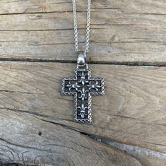 "Fleur De Lis cross necklace... 1 7/8\" tall with bail by 1 1/8\" wide at the widest spot, cast and antiqued in sterling silver 925.. the chain is 20\" long with a lobster catch also in sterling silver 925...the Fleur De Lis cross is sometimes called a trinity cross" Sterling Silver Cross Necklace With Intricate Design, Antique Silver Cross Necklace With Oxidized Finish, Antique Silver Oxidized Cross Necklace, Sterling Silver Oxidized Cross Necklace, Luxury Silver Crucifix Necklace, Elegant Sterling Silver Nickel-free Cross Necklace, Gothic Sterling Silver Cross Necklace, Oxidized Cross Pendant Necklace, Oxidized Sterling Silver Cross Pendant Necklace