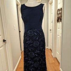 - Alex Evenings Gown - Navy Blue - Size 8 - Embroidered Beads And Sequen Floral Skirt - Braided Waist Line - Floor Length Measurements - Shoulder To Waist 15 1/2" - Waist To Floor 43" Formal Blue Gown With Floral Embroidery, Blue Floral Embroidery Evening Dress, Blue Fitted Evening Dress With Floral Embroidery, Fitted Blue Evening Dress With Floral Embroidery, Fitted Blue Gown With Floral Embroidery, Blue Floral Embroidered Evening Dress For Formal Occasions, Blue Floral Embroidered Evening Dress For Formal Events, Formal Blue Evening Dress With Floral Embroidery, Elegant Fitted Floral Embroidery Maxi Dress