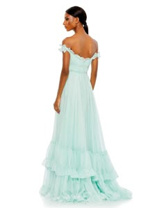 Mac Duggal Chiffon Overlay Fabric; 100% polyester lining Fully lined Off-the-shoulder sweetheart neckline Empire waist Pleated rhinestone embellished bodice Ruffle neckline detailing Ruffle tiered skirt Concealed back zipper Approx. 62.5" from top of shoulder to bottom hem Available in Mint (light blue) and Butter (light yellow) Style #68086 Frill Dress Ruffles Gowns, Frill Dress Ruffles, Empire Waist Prom Dress, Off Shoulder Formal Dress, Pastel Maxi Dresses, Yellow Party Dresses, Flowy Gown, Dress Ruffles, A Line Prom Dress