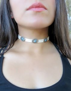 "White Choker Necklace, Native American Jewelry, Suede Choker Necklace, Bohemian Choker, Suede Choker, Boho Turquoise Choker, Christmas Gift ❤ BUY ANY 2 ITEMS ANS GET 15% OFF!! (USE COUPON CODE '15OFF') ❤ ❤ BUY ANY 4 ITEMS ANS GET 20% OFF!! (USE COUPON CODE '20OFF') ❤ ❤ BUY ANY 6 ITEMS AND GET 25% OFF!! ((USE COUPON CODE '25OFF') ❤ Complete any outfit with this gorgeous fashionable and trendy choker necklace ! Made from 5mm suede leather cord with three 2X4cm oval metal connector plates. Choker Bohemian White Jewelry For Festivals, Bohemian White Turquoise Necklace As Gift, White Bohemian Turquoise Necklace As Gift, Adjustable Southwestern Turquoise Necklace, Adjustable White Bohemian Choker, Turquoise Choker Necklace As A Gift, White Turquoise Bohemian Necklace, White Festival Jewelry, Handmade Adjustable White Turquoise Necklace