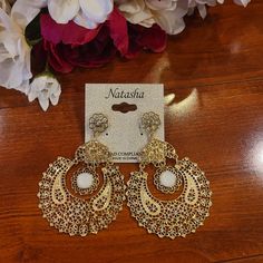 Bnwt Brand: Natasha Color: Gold & White Item: Dangling Earrings With White Rhinestone In The Middle Ornate White Jewelry For Celebrations, White Jewelry For Party And Festivals, White Metal Jewelry For Celebration, Ornate White Jewelry For Festive Occasions, Ornate White Jewelry For Party, Ornate White Jewelry For Festivals, White Teardrop Jewelry For Party, Festive White Earrings With Intricate Design, White Intricate Design Dangle Earrings