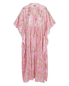 Designed for the ultimate bohemian goddess in mind, this dreamy maxi caftan is as etherial as it is effortlessly comfortable. Perfect for daytime lounging or glamorous drinks at the country club, this fun and flirty dress has a deep V neckline with 4 tassel shell embellished neckties that can be worn open or closed. The luxurious cotton lawn fabric has a light pink hue with gold lurex flowers charmingly woven into the fabric. This loose fitting mu-mu style dress is perfect as a coverup for the p Chic Pink Maxi Dress For Beach Cover-up, Festive Flowy V-neck Maxi Dress, Chic Flowy Boho Dress For Festivals, Flowy Festive Maxi Dress, Festive Flowy Maxi Dress, Festive Bohemian Maxi Dress For Party, Chic Pink Kaftan For Beach Cover-up, Pink Summer Maxi Dress For Holiday, Flowy Pink Boho Dress For Beach Cover-up