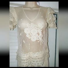 This Two-Piece Is Absolutely So Beautiful And Unique. I Guarantee You'll Never Find Anything Like This. Any Questions Please Don't Hesitate To Ask. The Size Is 8 But Then Again It Stretches So I Can Go Up To 10. Fitted V-neck Crochet Lace Dress, Feminine Fitted Lace For Summer, Elegant Fitted V-neck Crochet Top, Elegant V-neck Crochet Lace Top, Sheer Fitted Summer Lace, Elegant Scalloped Lace Crochet Top For Summer, Summer Fitted Crochet Dress With Lace Top, Fitted Crochet Dress With Lace Top For Summer, Vintage Fitted Crochet Dress For Spring