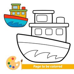 a coloring page with a boat and paintbrush