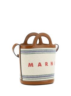 Tropicalia bucket bag by marni, double top stiff leather handles, adjustable leather shoulder strap, single interior compartment, interior lining with drawstring closure at top, front and back fabric panels, contrasting embroidered monogram detail on front. Composition: 50% % Calf Leather Bos Taurus, 50% % Cotton | Marni Women's Tropicalia Bucket Bag in Natural/Moka | SS24 Embroidered Monogram, Closet Essentials, Leather Handles, Fabric Panels, Luxury Retail, Italian Fashion, Bridal Shoes, Leather Handle, Calf Leather