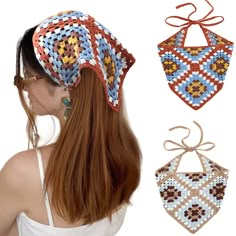 the woman is wearing three different pieces of crocheted hair ties and two bandannas