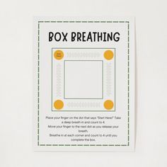 a box breathing card with an orange and green border around it on a white surface