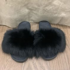 Hello Fluffy Slides! Never Worn. Size 41 (Us 10). I Wear An 8.5/9 And These Fit Well, So Maybe They Run A Tad Small. Asking $20. Fluffy Sandals, Things I Want For Christmas, Fluffy Shoes, Girl Heaven, Shoes Slides, Black Slippers, Closet Needs, Cute Nikes, Girly Shoes