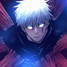 an anime character with white hair and blue eyes in front of a dark background,