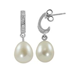 Prepare for compliments when you wear these freshwater cultured pearl J-hoop earrings. Comes inÂ a gift box.Earring Details: Length: .9-in. Backings: post Metal: rhodium-plated sterling silver Features: milgrain detailsCultured Pearl Details: Type: freshwater Shape: drop Size: 8-8.5-mm Color: whiteDiamond Details: Carat total weight: less than 1/10 Cut: round Setting: prongImage(s) may be enlarged to show detail.Diamond weights are approximate. Diamond total weights may vary between .01 and Accessories Logo, Silver Diamond Jewelry, Classy Earrings, Black Diamond Earrings, Silver Diamond Earrings, Post Metal, Pearl Details, Sterling Silver Cross Pendant, Diamond Paintings