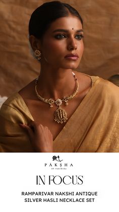 Shop Now and Save Up to 30% on the Exquisite Ramparivar Nakshi Antique Silver Hasli Necklace Set. Hasli Necklace, End Of Season Sale, Antique Style, Necklace Designs, Necklace Set, Antique Silver, Shop Now, Silver, Gold